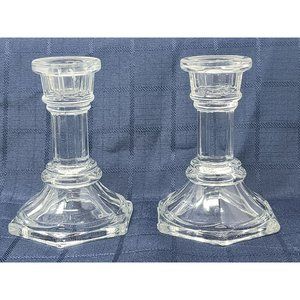 Vintage Set Of 2 Pressed Glass Clear Candle‎ Stick Holders Candle Holders